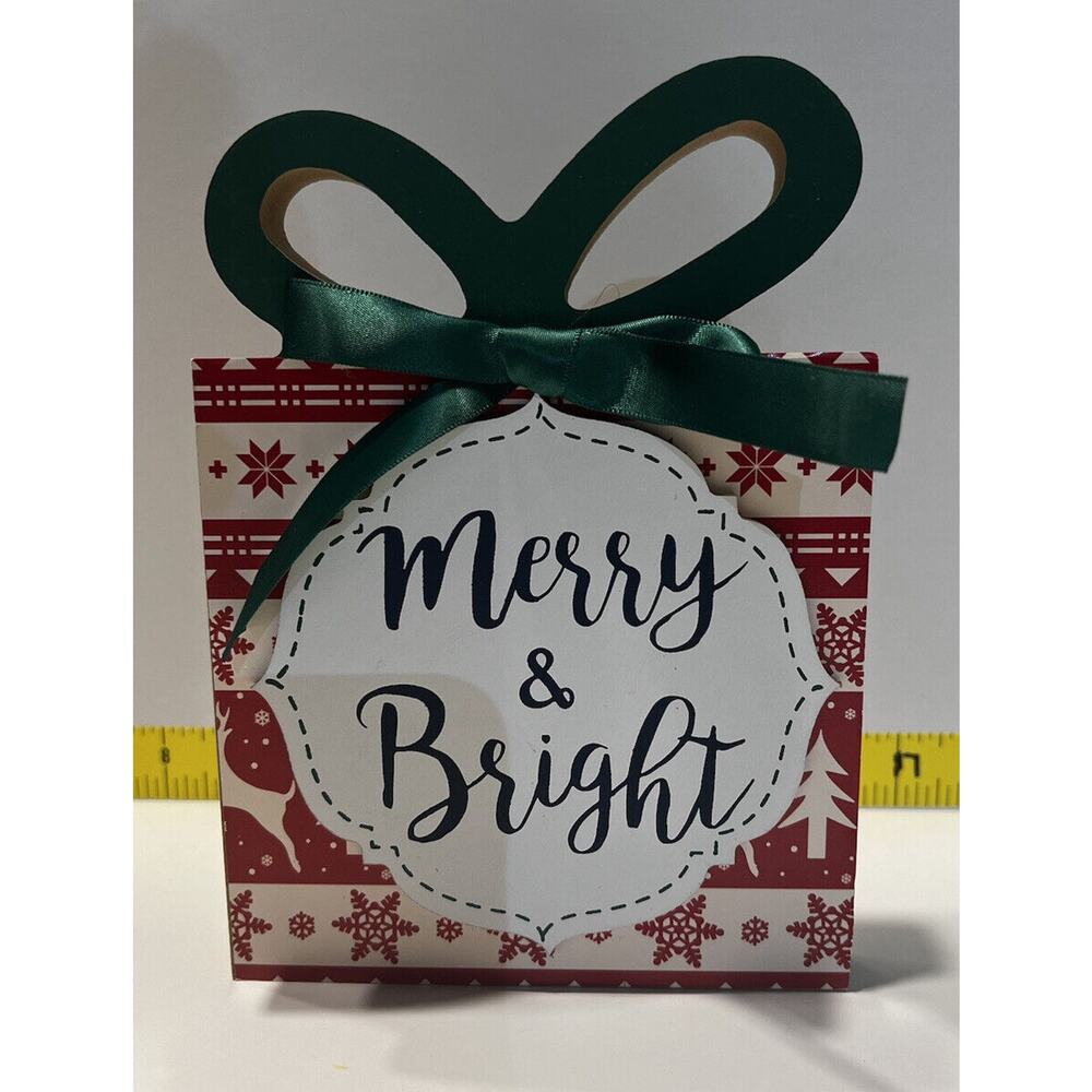 Merry & Brite Christmas Wooden Sign 10”x 6” Real Ribbon Whimsical Holiday Decor